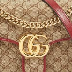 Pre Owned Gucci Beige/Red Diagonal Quilt GG Canvas and Leather Small GG Marmont Shoulder Bag