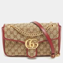Pre Owned Gucci Beige/Red Diagonal Quilt GG Canvas and Leather Small GG Marmont Shoulder Bag