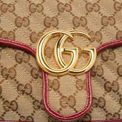 Pre Owned Gucci Beige/Red Diagonal Quilt GG Canvas and Leather Small GG Marmont Shoulder Bag