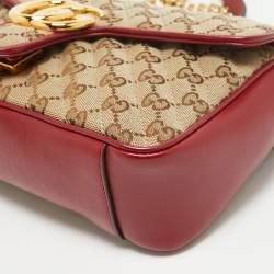 Pre Owned Gucci Beige/Red Diagonal Quilt GG Canvas and Leather Small GG Marmont Shoulder Bag