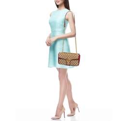 Pre Owned Gucci Beige/Red Diagonal Quilt GG Canvas and Leather Small GG Marmont Shoulder Bag
