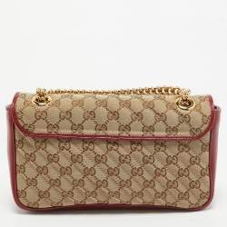 Pre Owned Gucci Beige/Red Diagonal Quilt GG Canvas and Leather Small GG Marmont Shoulder Bag