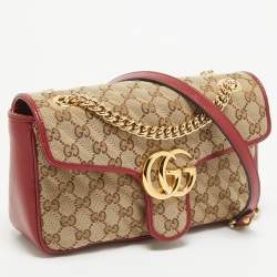 Pre Owned Gucci Beige/Red Diagonal Quilt GG Canvas and Leather Small GG Marmont Shoulder Bag