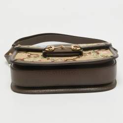 Pre Owned Gucci Beige/Ebony Jumbo GG Canvas and Leather Floral Embroidered Small 1955 Horsebit Shoulder Bag