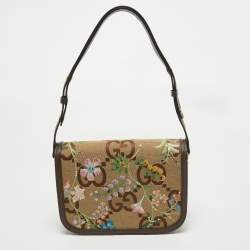Pre Owned Gucci Beige/Ebony Jumbo GG Canvas and Leather Floral Embroidered Small 1955 Horsebit Shoulder Bag