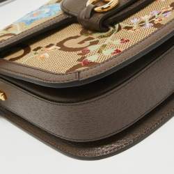 Pre Owned Gucci Beige/Ebony Jumbo GG Canvas and Leather Floral Embroidered Small 1955 Horsebit Shoulder Bag