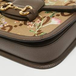 Pre Owned Gucci Beige/Ebony Jumbo GG Canvas and Leather Floral Embroidered Small 1955 Horsebit Shoulder Bag