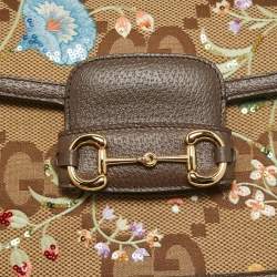 Pre Owned Gucci Beige/Ebony Jumbo GG Canvas and Leather Floral Embroidered Small 1955 Horsebit Shoulder Bag