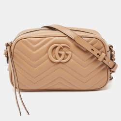 Pre Owned Gucci Beige Matelassé Leather Small GG Marmont Shoulder Bag