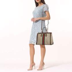 Pre Owned Gucci Beige/Brown GG Supreme Canvas and Leather Medium Ophidia Tote