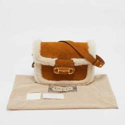 Gucci Brown/White Shearling Fur and Suede Small Horsebit 1955 Shoulder Bag