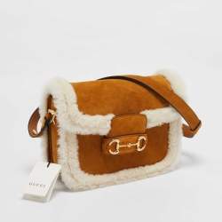 Gucci Brown/White Shearling Fur and Suede Small Horsebit 1955 Shoulder Bag