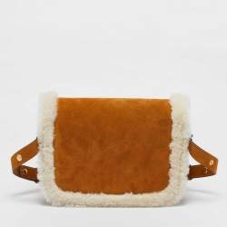 Gucci Brown/White Shearling Fur and Suede Small Horsebit 1955 Shoulder Bag