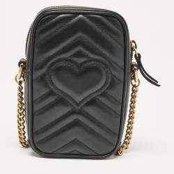 Gucci Black Matelassé Leather Mini GG Marmont Crossbody Bag