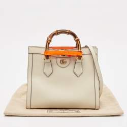 Pre Owned Gucci Off White Leather Small Bamboo Diana Tote