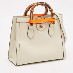 Pre Owned Gucci Off White Leather Small Bamboo Diana Tote