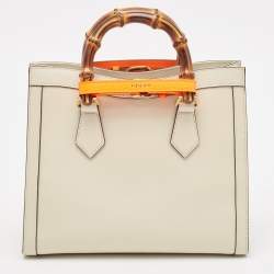 Pre Owned Gucci Off White Leather Small Bamboo Diana Tote