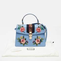 Pre Owned Gucci Blue Leather Floral Embroidered Medium Sylvie Top Handle Bag