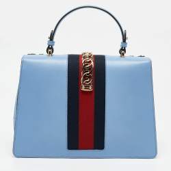 Pre Owned Gucci Blue Leather Floral Embroidered Medium Sylvie Top Handle Bag