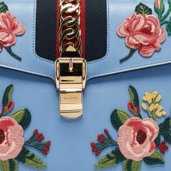 Pre Owned Gucci Blue Leather Floral Embroidered Medium Sylvie Top Handle Bag