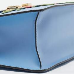 Pre Owned Gucci Blue Leather Floral Embroidered Medium Sylvie Top Handle Bag