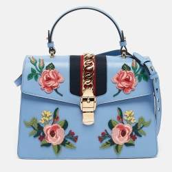 Pre Owned Gucci Blue Leather Floral Embroidered Medium Sylvie Top Handle Bag