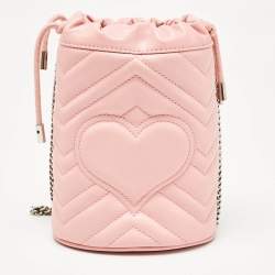 Pre Owned Gucci Pink Matelasse Leather Mini GG Marmont Bucket Bag