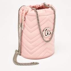 Pre Owned Gucci Pink Matelasse Leather Mini GG Marmont Bucket Bag