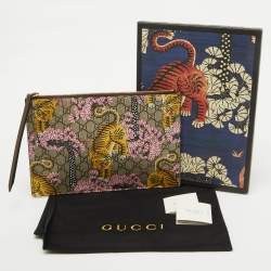 Gucci Beige GG Supreme Coated Canvas and Leather Bengal Tiger Zip Pouch