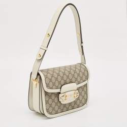 Pre Owned Gucci Beige/Off White GG Supreme Canvas and Leather Small Horsebit 1955 Shoulder Bag