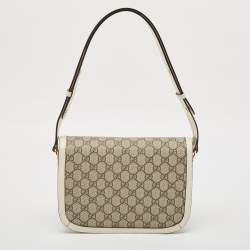 Pre Owned Gucci Beige/Off White GG Supreme Canvas and Leather Small Horsebit 1955 Shoulder Bag