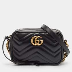 Pre Owned Gucci Black Matelasse Leather Mini GG Marmont Shoulder Bag