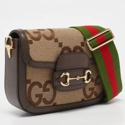 Pre Owned Gucci Brown/Beige Jumbo GG Canvas Mini Horsebit 1955 Shoulder Bag