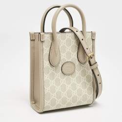 Pre Owned Gucci Beige GG Supreme Canvas and Leather Mini Interlocking G Tote