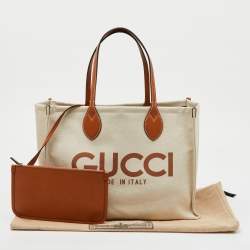 Gucci Beige/Light Brown Canvas and Leather Logo Printed Medium Tote