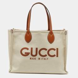 Gucci Beige/Light Brown Canvas and Leather Logo Printed Medium Tote