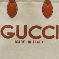 Gucci Beige/Light Brown Canvas and Leather Logo Printed Medium Tote