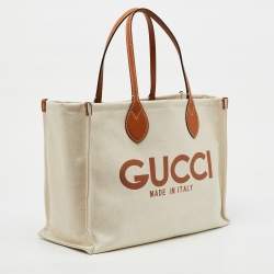 Gucci Beige/Light Brown Canvas and Leather Logo Printed Medium Tote