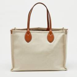 Gucci Beige/Light Brown Canvas and Leather Logo Printed Medium Tote
