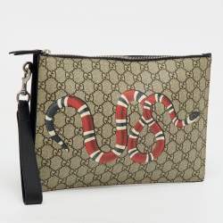 Pre Owned Gucci Beige/Black GG Supreme Canvas Kingsnake Print Pouch Clutch