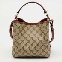 Pre Owned Gucci Beige/Brown GG Supreme Canvas and Leather GG Emblem Small Bucket Bag