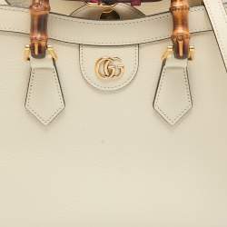 Pre Owned Gucci Off White Leather Small Bamboo Diana Tote