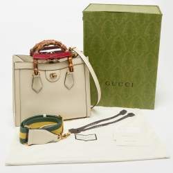 Pre Owned Gucci Off White Leather Small Bamboo Diana Tote