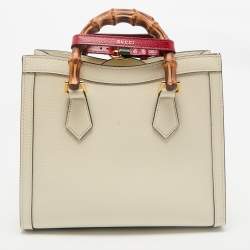 Pre Owned Gucci Off White Leather Small Bamboo Diana Tote