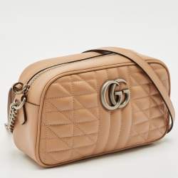 Pre Owned Gucci Beige Matelassé Aria Leather Small GG Marmont Camera Bag