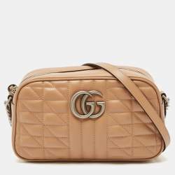 Pre Owned Gucci Beige Matelassé Aria Leather Small GG Marmont Camera Bag