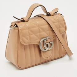Gucci Beige Matelassé Aria Leather Mini GG Marmont Top Handle Bag