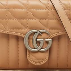 Gucci Beige Matelassé Aria Leather Mini GG Marmont Top Handle Bag