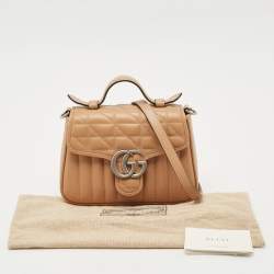 Gucci Beige Matelassé Aria Leather Mini GG Marmont Top Handle Bag