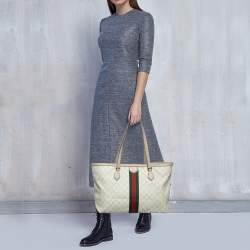 Pre Owned Gucci Beige/White GG Supreme Canvas Large Ophidia Tote